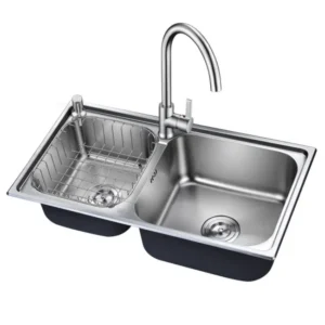 "Modern Two-Bowl Stainless Steel Kitchen Sink Combo - Includes Faucet & Removable Drying Rack